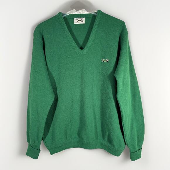 Vintage JCPenney The Fox Sweater Men's Sz L V-Neck Green Logo Union Made - Picture 1 of 5